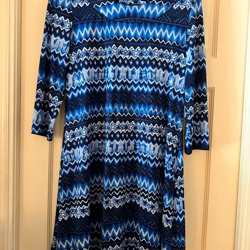 Elegant Blue Patterned Long Sleeve Dress